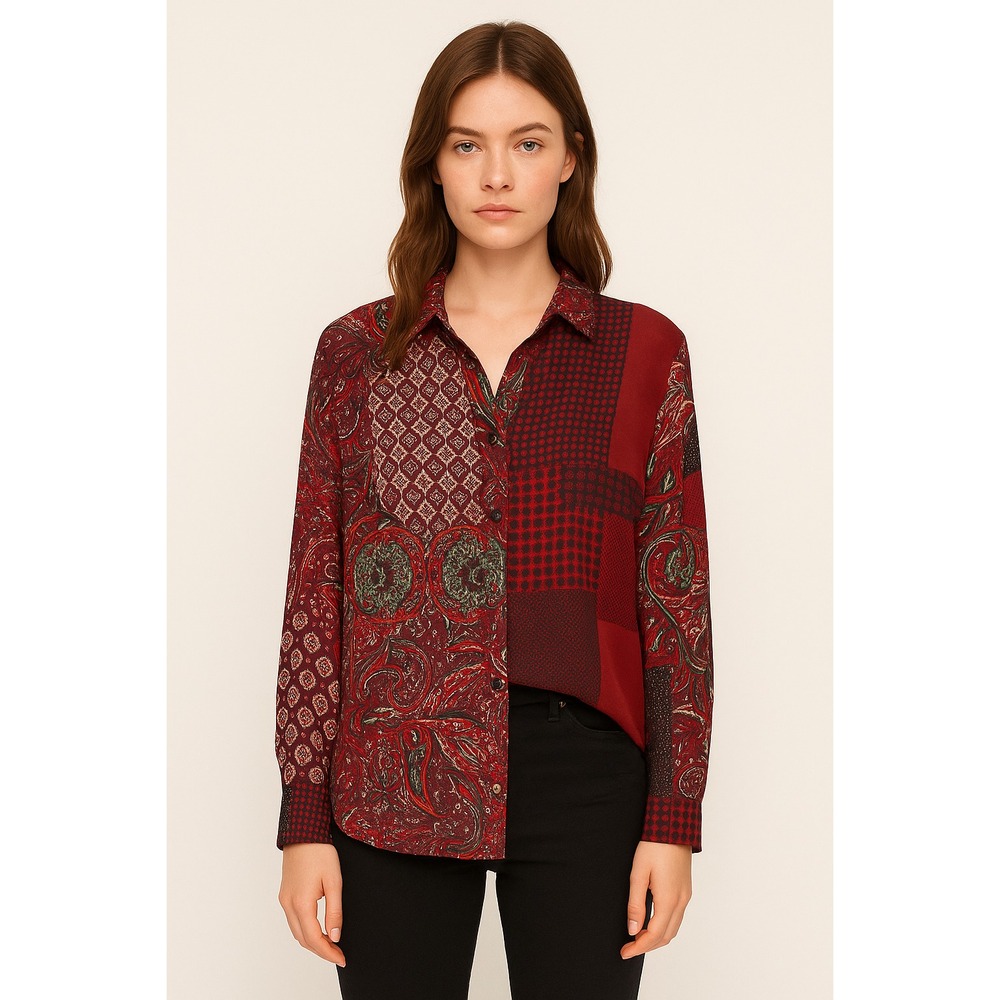 Zara Basic Patchwork Print Button-Up Blouse Long … - image 6
